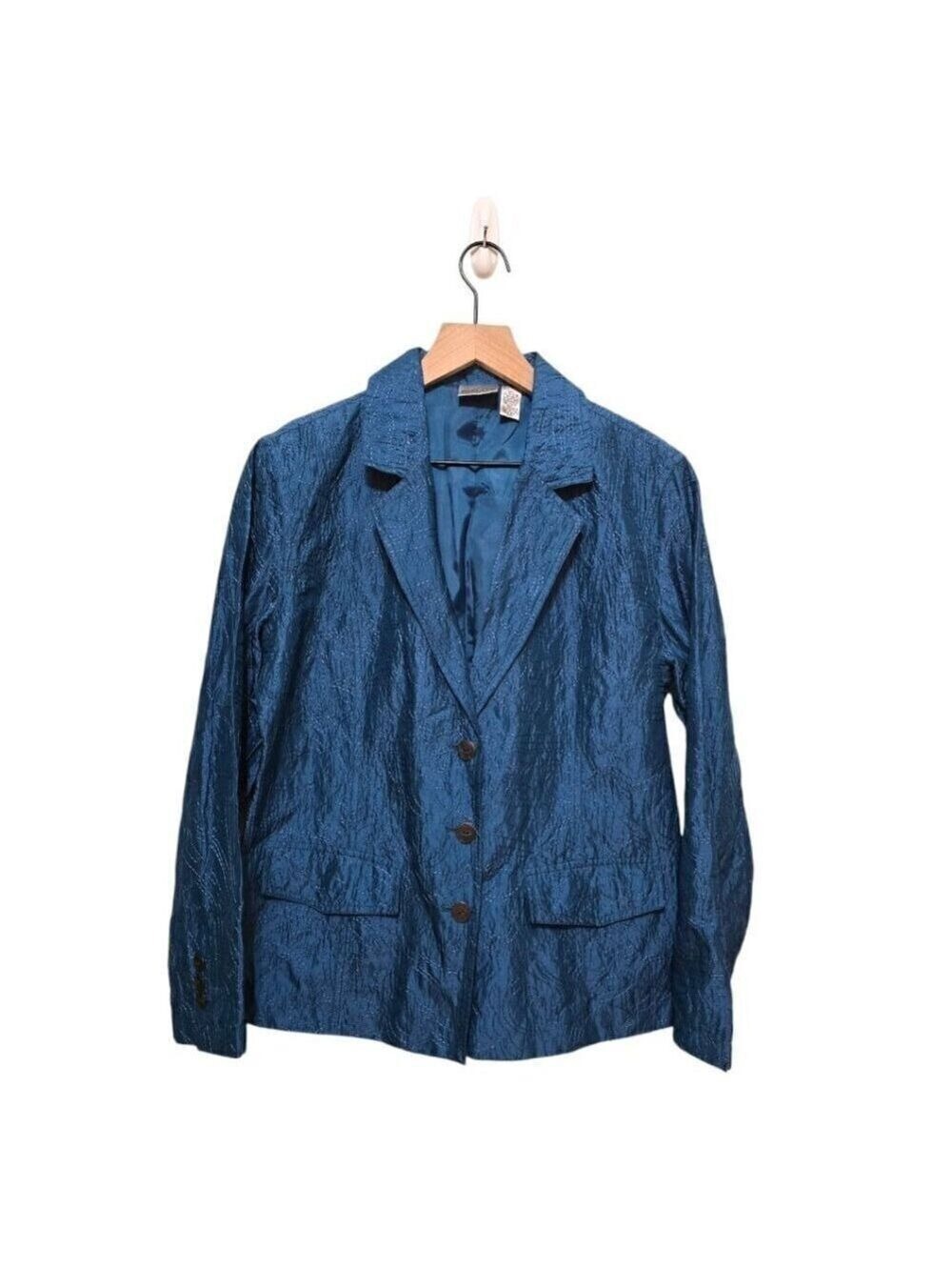 Chico’s Blue Embroidered Silk Blend Metallic Single Breasted Blazer Sz M